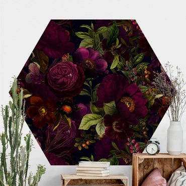 Papier peint hexagonal autocollant avec dessins - Purple Blossoms Dark