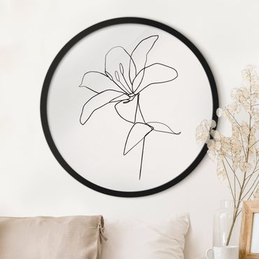 Tableau rond encadré - Line Art Flower Black And White
