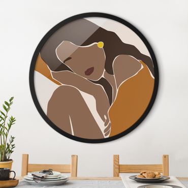 Tableau rond encadré - Line Art Woman Brown Beige