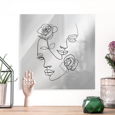 Tableau en verre - Line Art Faces Women Roses Black And White - Carré