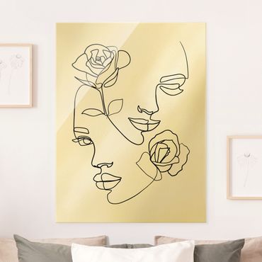 Tableau en verre - Line Art Faces Women Roses Black And White - Format portrait