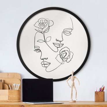 Tableau rond encadré - Line Art Faces Women Roses Black And White