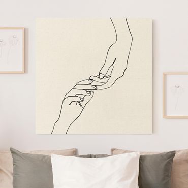 Tableau sur toile naturel - Line Art Hands Touch Black And White - Carré 1:1