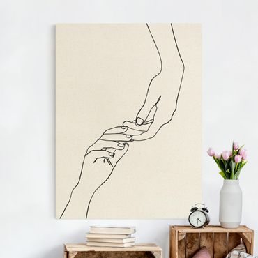 Tableau sur toile naturel - Line Art Hands Touch Black And White - Format portrait 3:4