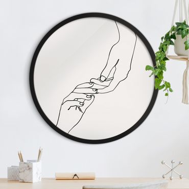Tableau rond encadré - Line Art Hands Touch Black And White