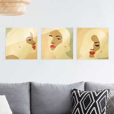 Tableau en verre - Line Art Portrait Women Pastel Set - 3 parties