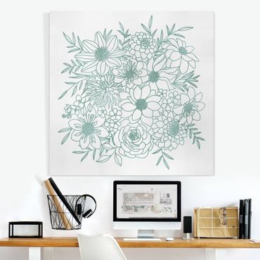 Impression sur toile - Lineart Flowers In Metallic Green