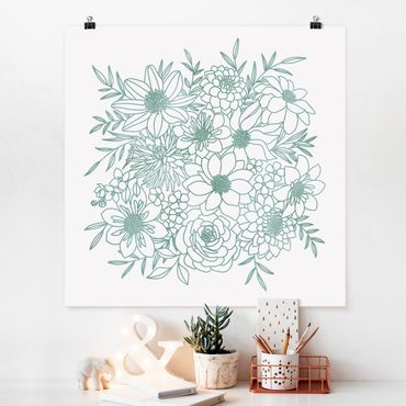 Poster reproduction - Lineart Flowers In Metallic Green - 1:1