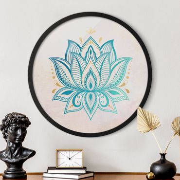 Tableau rond encadré - Lotus Illustration Mandala Gold Blue
