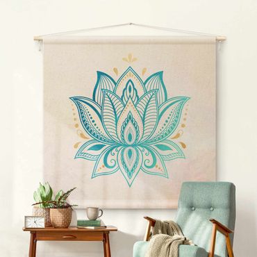 Tenture murale - Lotus Illustration Mandala Gold Blue