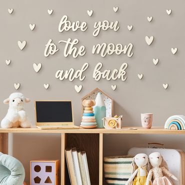 Déco murale en bois avec lettres en 3D - Love you to the moon - Cœurs