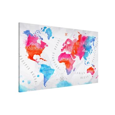 Tableau magnétique - World Map Watercolour Red Blue
