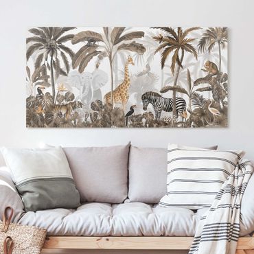 Impression sur toile - Monde animalier majestueux dans la jungle en sépia - Format paysage 2:1
