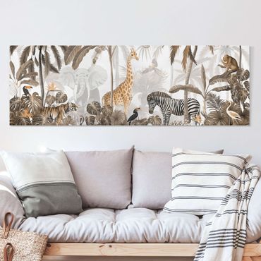 Impression sur toile - Monde animalier majestueux dans la jungle en sépia - Panorama 3:1