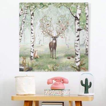 Impression sur toile - Cerf majestueux dans la forêt de bouleaux - Carré 1:1