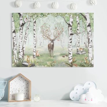 Impression sur toile - Cerf majestueux dans la forêt de bouleaux - Format paysage 3:2