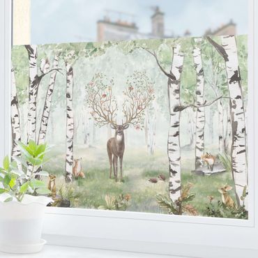 Décoration pour fenêtre - Cerf majestueux dans la forêt de bouleaux