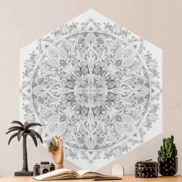 Papier peint hexagonal autocollant avec dessins - Mandala Watercolour Ornament Black And White