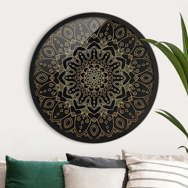 Tableau rond encadré - Mandala Flower Pattern Gold Black