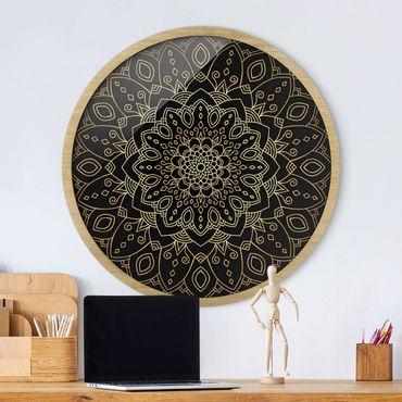 Tableau rond encadré - Mandala Flower Pattern Gold Black