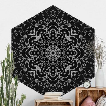Papier peint hexagonal autocollant avec dessins - Mandala Flower Pattern Silver Black