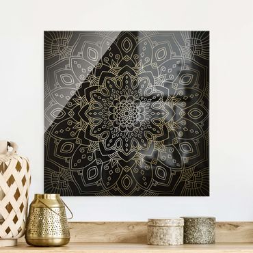 Tableau en verre - Mandala Flower Pattern Silver Black - Carré