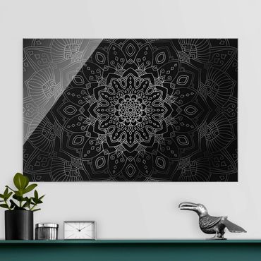 Tableau en verre - Mandala Flower Pattern Silver Black - Format paysage