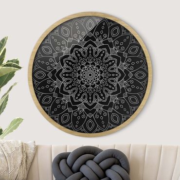 Tableau rond encadré - Mandala Flower Pattern Silver Black