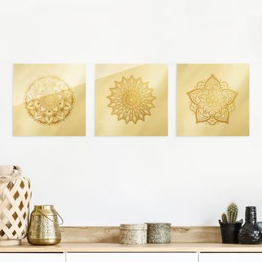 Tableau en verre - Mandala Flower Sun Illustration Set Gold - 3 parties