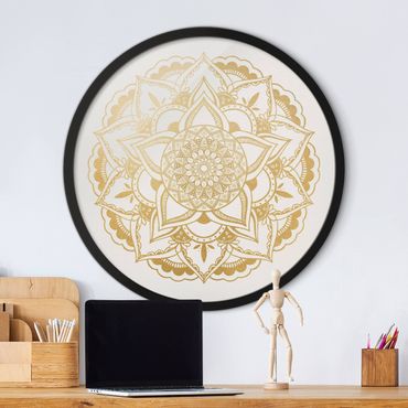 Tableau rond encadré - Mandala Flower Gold White