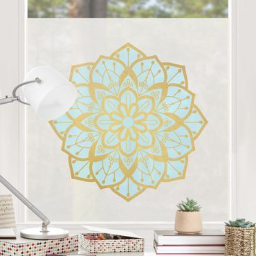 Décoration pour fenêtre - Illustration Mandala Fleur bleu clair or