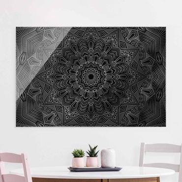 Tableau en verre - Mandala Star Pattern Silver Black - Format paysage