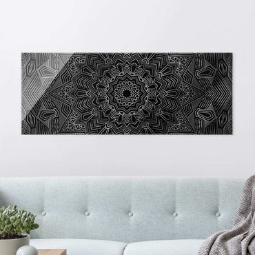 Tableau en verre - Mandala Star Pattern Silver Black - Panorama