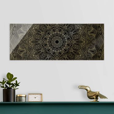 Tableau en verre - Mandala Star Pattern Silver Black - Panorama