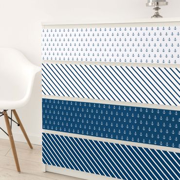 Papier adhésif pour meuble - Maritime Anchor Stripes Set - Polar White Prussian Blue
