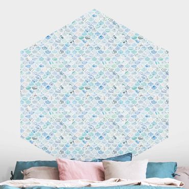 Papier peint panoramique hexagonal autocollant - Marble Pattern Sea Blue