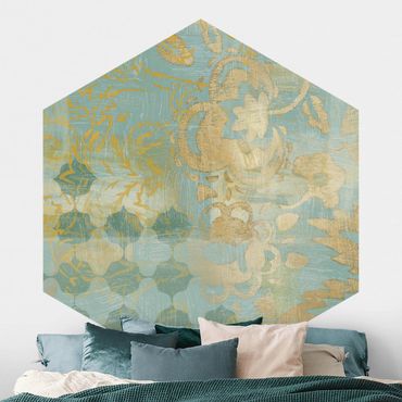Papier peint hexagonal autocollant avec dessins - Moroccan Collage In Gold And Turquoise II