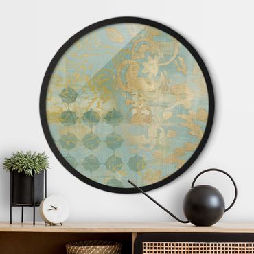 Tableau rond encadré - Moroccan Collage In Gold And Turquoise II