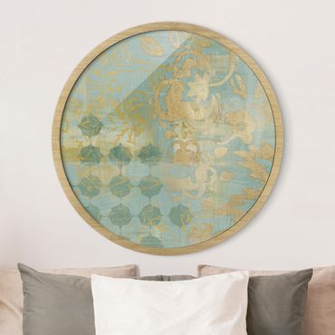 Tableau rond encadré - Moroccan Collage In Gold And Turquoise II