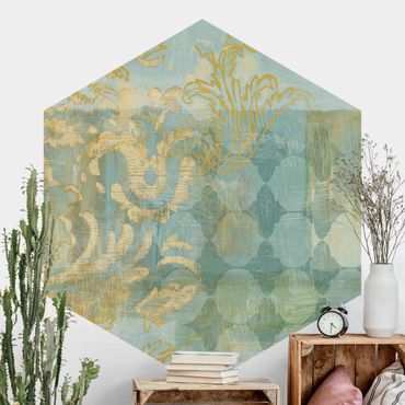 Papier peint hexagonal autocollant avec dessins - Moroccan Collage In Gold And Turquoise