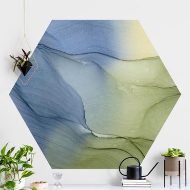 Papier peint hexagonal autocollant avec dessins - Mottled Bluish Grey With Moss Green