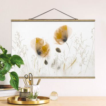 Tableau en tissu avec porte-affiche - Poppy Flowers And Delicate Grasses In Soft Fog  - Format paysage 3:2