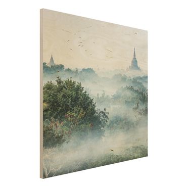 Tableau en bois - Morning Fog Over The Jungle Of Bagan