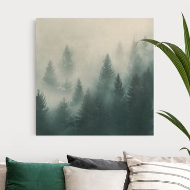 Tableau sur toile naturel - Coniferous Forest In Fog - Carré 1:1