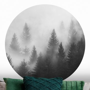 Papier peint rond autocollant forêt - Coniferous Forest In The Fog Black And White