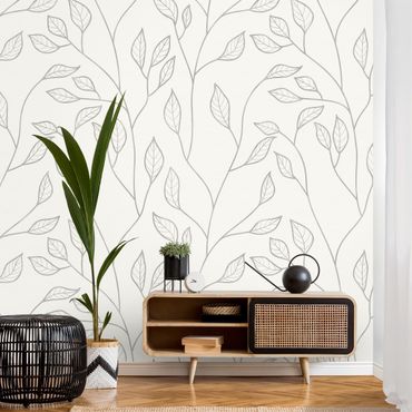 Papier peint - Natural Pattern Branches With Leaves In Gray