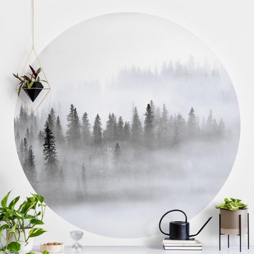 Papier peint rond autocollant forêt - Fog In The Fir Forest Black And White