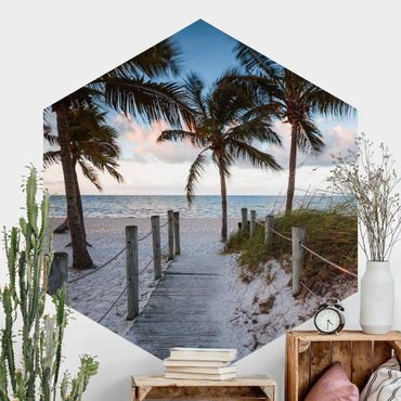 Papier peint hexagonal autocollant avec dessins - Palm Trees At Boardwalk To The Ocean