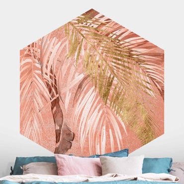 Papier peint hexagonal autocollant avec dessins - Palm Fronds In Pink And Gold II
