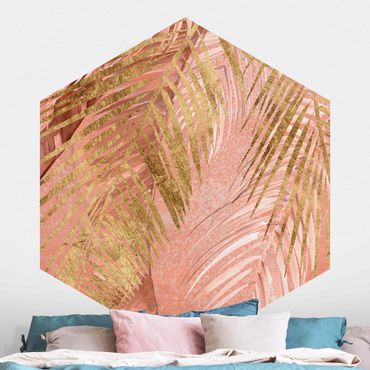 Papier peint hexagonal autocollant avec dessins - Palm Fronds In Pink And Gold III
